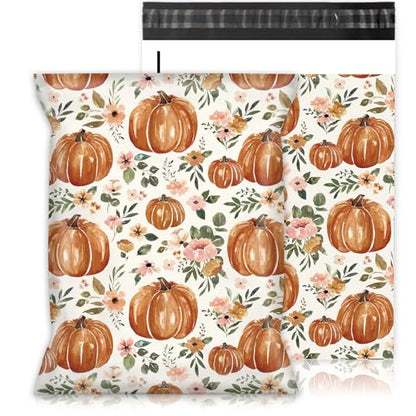 JarThenaAMCS 100Pcs Fall Poly Mailers 10 x 13 Inch Watercolor Floral Pumpkin Packaging Bags Autumn Self Seal Mailing Envelope Bags for Thanksgiving Harvest Small Business Clothing