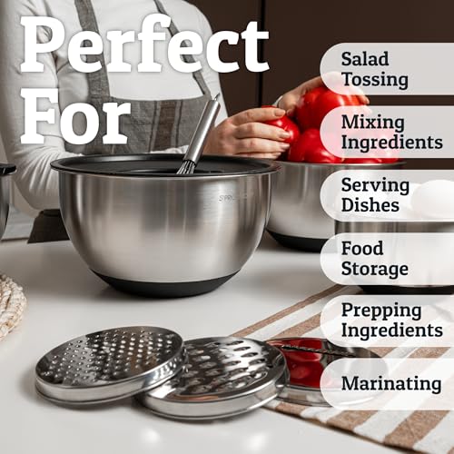 Priority Chef Stainless Steel Mixing Bowls with Lids Set, 3 Grater Attachments, Airtight Lids, Non-Slip Silicone Base Mixing Bowl Set, Large Prep Metal Mixing Bowls for Kitchen, Black - color: Black