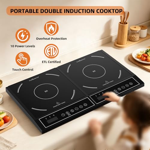 Portable Double Induction Cooktop, 1800W Countertop Burner with Power Sharing, 10 Power & Temperature Levels, 140-465°F Temperature Control, Digital Display, Timer