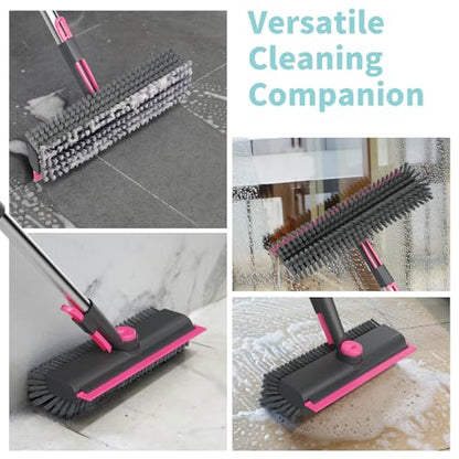 AIR U+ Floor Scrub Brush with Long Handle, 3-in-1 Rotating Head & Squeegee - color: Gray and Pink, size: 1 PACK