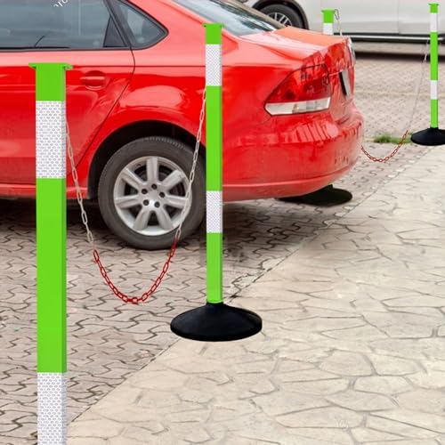 Traffic Delineator Post with Weighted Base & Reflective Collars,Adjustable Parking Cones,Orange Driveway Barrier Stanchion with 4 FT Chains for Traffic Crowd Control（Patented） - size: 4 Pack-Green