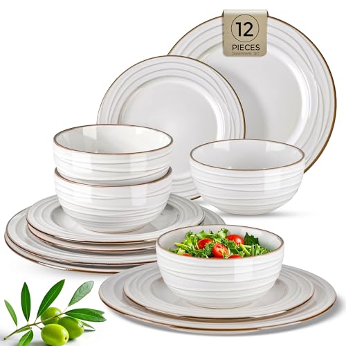 GBHOME Ceramic Dinnerware Sets,12 pcs Embossed Elegant Stoneware Plates and Bowls Sets, Housewarming Wedding Gift | Dishwasher & Microwave Safe | Dishes Set Service for 4 - color: Pearl White-Wave, size: Service for 4 (12 pcs)
