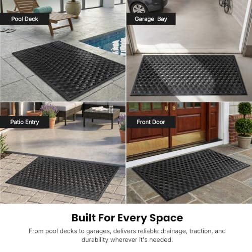 Subhera Collection Heavy Duty Rubber Door Mat 36"×60" Non-Slip Drainage with Dirt Scraper | Outside Doormat for Front Pool Deck & Patio All-Weather 100% Won't Curl or Blow Away - size: 3' x 5' (Rectangular)