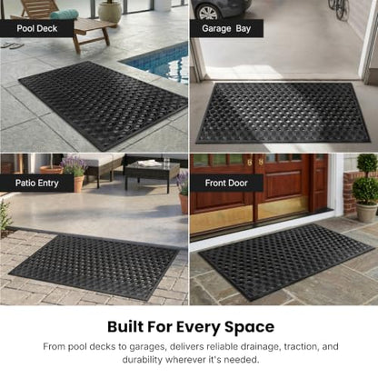 Subhera Collection Heavy Duty Rubber Door Mat 36"×60" Non-Slip Drainage with Dirt Scraper | Outside Doormat for Front Pool Deck & Patio All-Weather 100% Won't Curl or Blow Away - size: 3' x 5' (Rectangular)