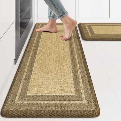 KIMODE Anti Fatigue Kitchen Mats for Floor,Farmhouse Kitchen Rugs Sets of 2 - color: Brown/Khaki, size: 17.3" x 47 "+ 17.3" x 29 "--0.47 inches