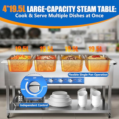 TOPKITCH Commercial Electric Food Warmer Soup Station - 4 Independent 19.5L Pans with German EGO Thermostat, Rolling Stand with Adjustable Shelves for Restaurant, Catering, Party - size: TC-4P