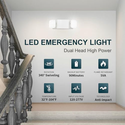 LED Emergency Lights, Two Head Adjustable Commercial Emergency Lights for Business, Power Outages, with Backup Battery (90 Minutes), Hard Wired, 120-277V Fire Resistant (94V-0) UL