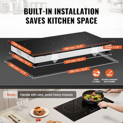 VEVOR Electric Radiant Cooktop, 24in 2 Burners Built-in Electric Stove Top, 1800W Ceramic Top Cooktop with Glass Panel, Touch Control, 9 Heat Level, Residual Heat Indicator,Timer, Child Lock, 120V - size: 24 IN-2 Burner+Touch Control