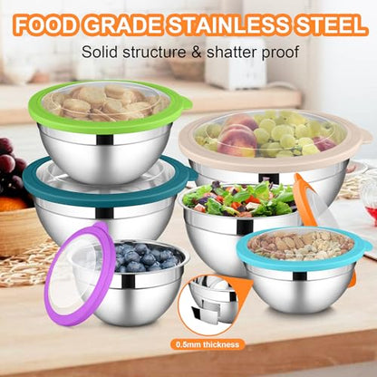 LIANYU Mixing Bowls with Visible Lid Sets of 6, Cooking Bowls for Kitchen - color: Colorful, style: Atlas Base with Visible Lids