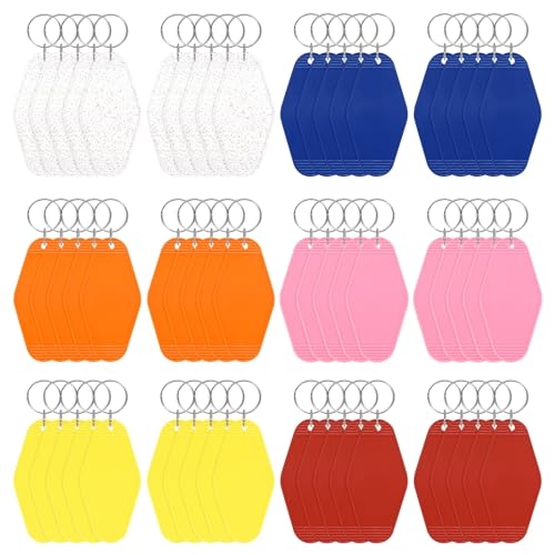 Blank Hotel Keychain Tags [60PCS] - Plastic Rhombus Blank Motel Keychain with Key Rings - color: Glitter Clear/Navy/Orange/Pink/Yellow/Wine