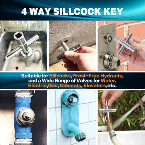 4-Way Sillcock Key, 2-Pack 40Cr Water Key, Multi-Functional & Utility Wrench, Shut Off Tool for 1/4", 9/32", 5/16", 11/32" Valve, Spigot & Electric Meter, Ideal for Home, Public & Commercial