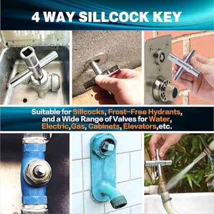 4-Way Sillcock Key, 2-Pack 40Cr Water Key, Multi-Functional & Utility Wrench, Shut Off Tool for 1/4", 9/32", 5/16", 11/32" Valve, Spigot & Electric Meter, Ideal for Home, Public & Commercial