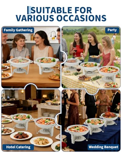GarveeHome 5QT Round Chafing Dish Buffet Set of 6, Maifanite-Coated White Chafing Dish with Transparent Lids, Stainless Steel Commercial Food Warmers for Parties, Weddings, Restaurants & Catering - size: 5QT-6 Pack