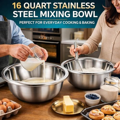 2 Pack Large Mixing Bowl, 20 Qt, 304 Stainless Steel, Polished Mirror Finish, Flat Base, for Home or Commercial Baking, chef grade, commercial kitchen, premium stainless steel