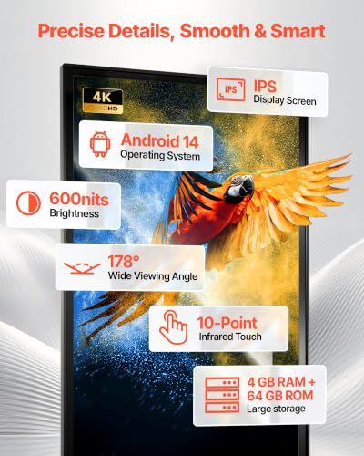 VEVOR 65 in Indoor Digital Signage 4K Floor Stand Advertising Display Kiosk, WiFi HDMI/USB Input Android OS, 178° Wide View, LCD Touchscreen Interactive Monitor, Mobile Commercial Totem Poster - size: 65"-Touchscreen
