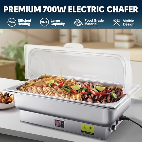 9QT Electric Chafing Dish Food Warmer, Roll Top with Temp Control - size: 603-Full Pan
