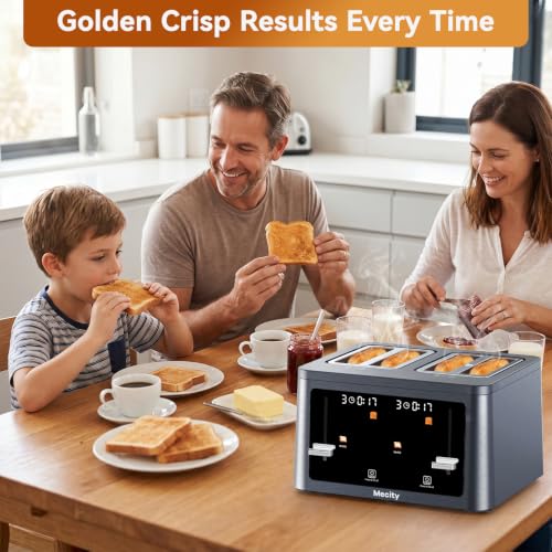 Mecity 4 Slice Touchscreen Toaster, 6 Bread Modes & 6 Browning Levels, Dual Touch Control Wide Slot Stainless Steel Electric Toaster with Memory, Defrost, 3-Min Auto Shutoff for White, Bagels, Waffles - color: 4 Slot-Brushed stainless steel gray