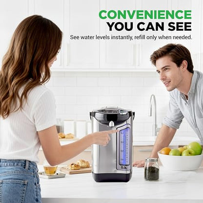 NutriChef Electric Water Boiler and Warmer - 5L/5.28 Qt Stainless Steel Hot Water Dispenser w/Rotating Base, Keep Warm Temperature Set, Auto Shut Off, Safety Lock, Instant Heating for Coffee & Tea - size: 5.3 Quarts