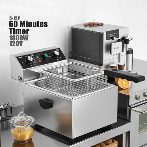 VIKEER Electric Deep fryer Stainless Steel Deep Fryer with Basket & Lid Capacity 10L(10.5QT) Electric Countertop Fryers for Home Kitchen and Restaurant with 60 Minute Timer, 1800 Watts, 120V