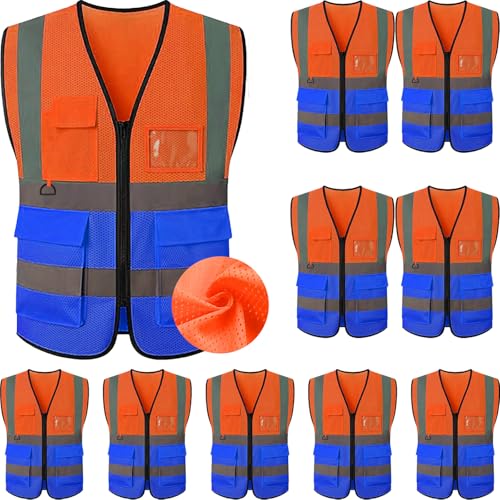 Reflective Mesh Safety Vest, Breathable Hi Vis Vest Construction Work with 5 Pockets and Zipper for Men Women - color: Orange+blue