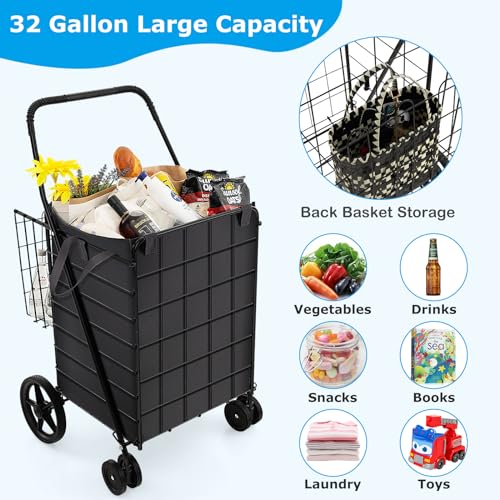 Goplus Folding Shopping Cart for Groceries, Upgraded Jumbo Grocery Cart with Waterproof Liner, 32 Gallon Capacity, 360° Rolling Swivel Wheels and Double Basket, Heavy Duty Foldable Utility Cart - color: Black-upgraded, size: 24"D x 23"W x 40"H