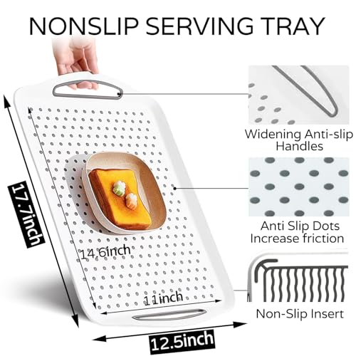 Large Non Slip Serving Tray with Handles Food Trays for eating on Couch serving tray with Surface Grippy Dots Rectangle Non-Toxic Dishwasher Safe tray for Breakfast Dinner Snack White,1-PCS - color: 1-white