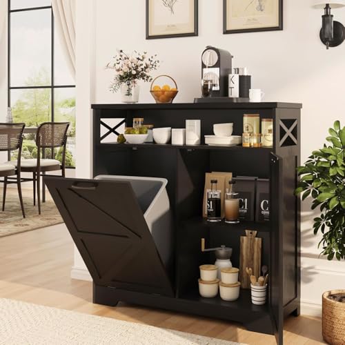 Befrases Tilt Out Trash Can Cabinet for 13 * 1 Gallon Trash Can, Farmhouse Kitchen Island Cabinet with Adjustable Shelf for Hidden Laundry Basket, Dog Proof Garbage Can for Dining Living Room, Black - color: Black, size: 1 x13 Gallons