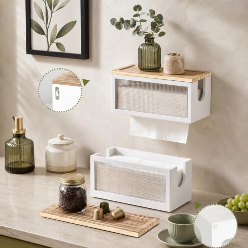 Wooden Paper Towel Holder with Lid & Acrylic Window Wall Mounted - color: White Acrylic