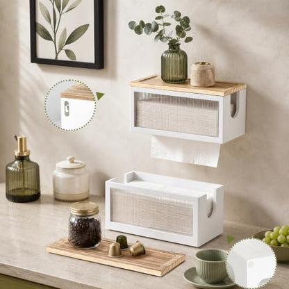 Wooden Paper Towel Holder with Lid & Acrylic Window Wall Mounted - color: White Acrylic