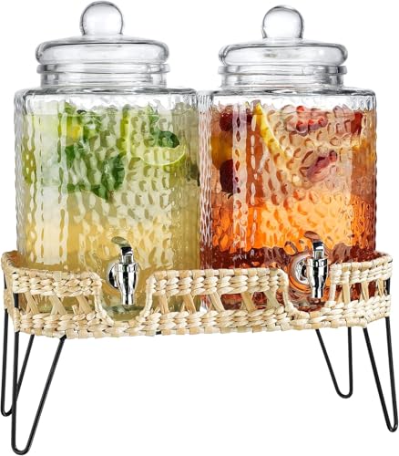 Beverage Dispensers - Set of 2 Glass Drink Dispensers with Metel Stand - 1.5-Gallon Capacity - Perfect for Lemonade, Juice, Water, Iced Tea, Punch (Wicker Design-Clear) - color: Clear-Wicker Design