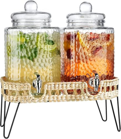 Beverage Dispensers - Set of 2 Glass Drink Dispensers with Metel Stand - 1.5-Gallon Capacity - Perfect for Lemonade, Juice, Water, Iced Tea, Punch (Wicker Design-Clear) - color: Clear-Wicker Design