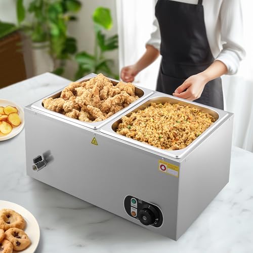 WILPREP Commercial Food Warmer with Two 1/2 Pans, 1500W Countertop Electric Steam Table, 86-185°F Adjustable Temp Control & Over-Temp Protection, Stainless Steel Buffet Bain Marie - size: 1/2 pan*2