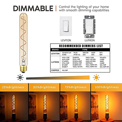 Leools Vintage LED Spiral Filament Bulb T10, 8.9inch Long Tubular Dimmable Edison Light Bulbs,E26 Base,Amber Glass,Warm White,2200K, 400LM(40W Equivalent), Pack of 4 - style: 8.9in(225mm)