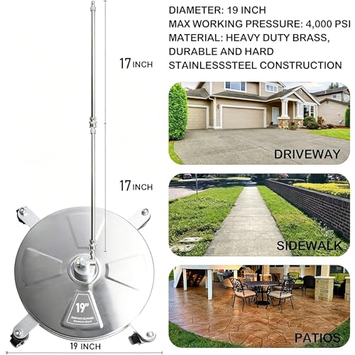 Hourleey 19" Pressure Washer Surface Cleaner, Stainless Steel Surface Cleaner with 4 Wheels for Concrete, Patio, Sidewalk, Deck, Pathway 1/4" Quick Connector, 2 Extension Wand, 4000 PSI - size: 19 Inch