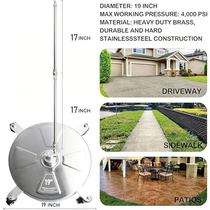 Hourleey 19" Pressure Washer Surface Cleaner, Stainless Steel Surface Cleaner with 4 Wheels for Concrete, Patio, Sidewalk, Deck, Pathway 1/4" Quick Connector, 2 Extension Wand, 4000 PSI - size: 19 Inch