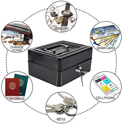 xydled Mini Cash Box with Lock, Metal Money Box, Steel Money Box, Black - color: Black, size: Small