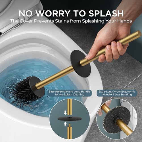 FORIOUS Toilet Bowl Brush and Holder Set, 304 Stainless Steel Handle Gold - color: Brushed Gold, size: Tall