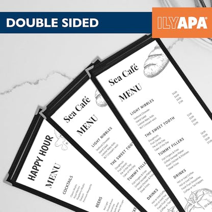 Ilyapa 30 Pack of Menu Covers 4.25 x 11 - Single Page, 2 View, Restaurant Menu Covers, 4.25x11 Clear Plastic Sleeves, Transparent Viewing Surfaces - color: Black, size: 4.25 x 11