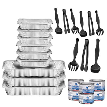 Aluminum Chafing Dish Buffet Set, 30 Piece Full Size, Food Pans with Foil Lid Covers, Water Trays, Serving Utensils, Fuel Cans for Catering, Food Warmer, Parties, Events, Holidays & Weddings