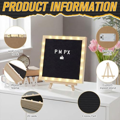 10 x 10 Inches Felt Letter Board & LED Light, Black, Natural Wood - color: Black, size: 10 x 10 Inches, style: Natural Wood