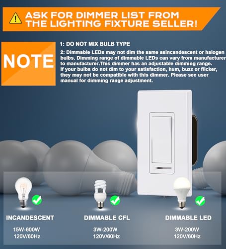 CLOUDY BAY in Wall Dimmer Switch for LED Light/CFL/Incandescent,3-Way Single Pole Dimmable Slide, 600W max Incandescent,150W max Dimmable LED/CFL, Cover Plate Included, Pack of 4 - size: 4-Pack | Ivory