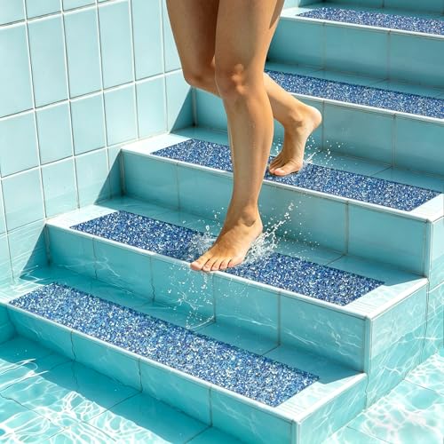 LifeGrip Outdoor Anti Slip Stair Treads 10-Pack, 6" X 32" Waterproof Rubber Grip Tape for Outdoor Stairs, Pool, Garden and Deck, Barefoot-Friendly Non Slip Step Strips, Blue - color: BlueWhite, size: 6" x 32"