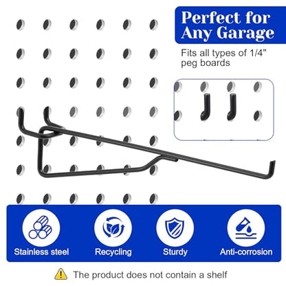 12 Pcs 8" Pegboard Shelf Hooks, 1/4" Peg Board Organizer Accessory Fits 1/4 Black Pegboard Organizer Accessories for Workbench, Garage, Craft Room, Retail Shop