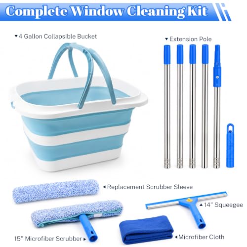 Window Cleaning Kit with Bucket, Squeegee and Scrubber for Home, Outdoor