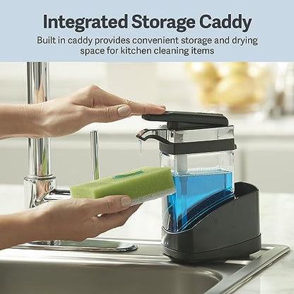 Casabella Sink Sider Solo Kitchen Soap Pump and Sponge Caddy, Black/Chrome - 2-in-1 Soap and Sponge Caddy, One-Hand Soap Dispensing, Ergonomic Design, Easy to Refill and Clean, Efficient Size - color: Black, size: Solo