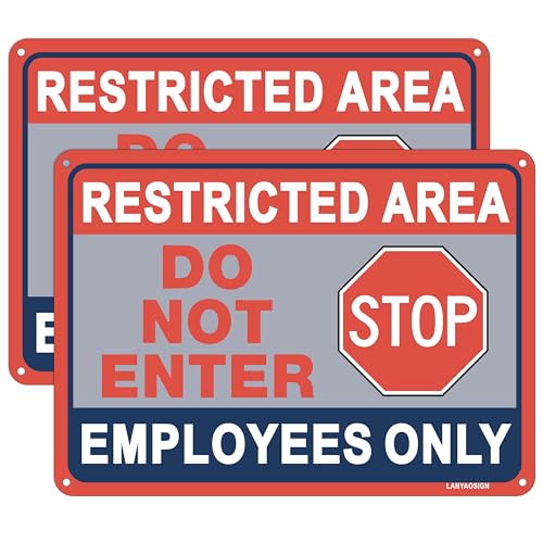 2 Pack Restricted Area Sign Employees Only Stop Do Not Enter Signs,10×7 Inches Metal Sturdy Free Rust Aluminum Sign,Weatherproof,Outdoor Use,Easy to Install