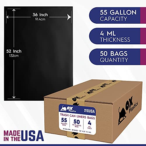 55 Gallon Trash Can Liners Bags 4 Mil - 50 Count & Thick Extra Heavy Duty Strength - Large Garbage Bag, Leak-Proof & Durable bags - Black - size: 1 Count (Pack of 50)
