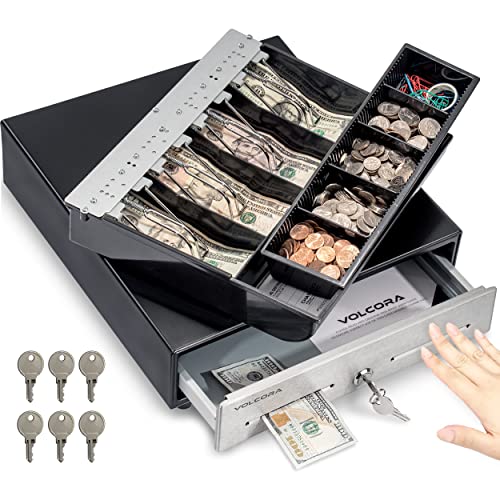 Volcora 13" Manual Push Open Cash Register Drawer for Point of Sale (POS) System - Black with Stainless Steel Front Touch Panel - with 4 Bills and 5 Coin Slots, Fully Removable Money Tray - color: Black and Stainless Steel, size: 13" - 4 Bill 5 Coin