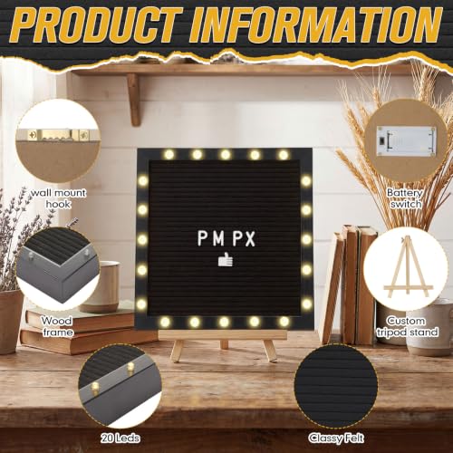 10 x 10 Inches Felt Letter Board & LED Light, Black, Solid Black - color: Black, size: 10 x 10 Inches, style: Solid Black