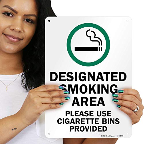 SmartSign "Designated Smoking Area, Please Use Cigarette Bins Provided" Sign | 10" x 14" Plastic - color: Plastic 10" x 14"